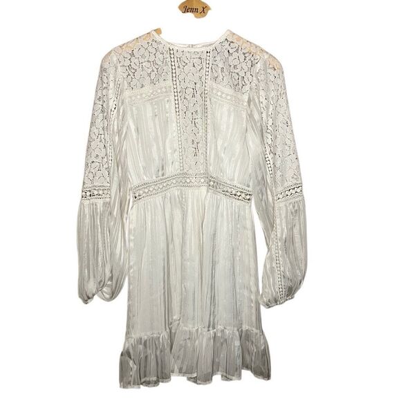 Reclaimed Vintage White Long Sleeve A-line Dress Size 6 Lace Ruffle Open Back - Picture 2 of 9